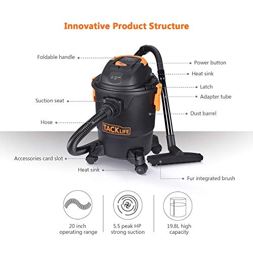 TACKLIFE 5 Gallon Wet Dry Vacuum 5.5 Peak HP, 1000W, 3 in 1 Shop Vac with Dry Suction, Wet