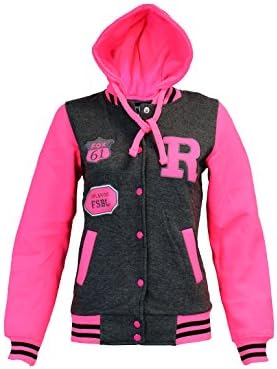 Kids Girls and Boys Unisex R Baseball Bomber Jacket Varsity Letterman with Hoodie Neon Pink Sleeve 7-14 Years
