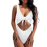 SARA SWIM Women's Tie Front Cut Out One Piece Swimsuit Beachwear High Leg Bottom (S, White)