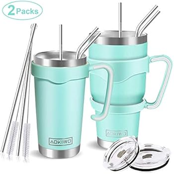 AOKIWO 20oz and 30oz Tumbler, [2 Packs] Stainless Steel Insulated Tumblers Double Wall Vacuum Tumbler Travel Mug with 2 Lids, 8 Straws, 2 Brush and 2 Handles（Teal）