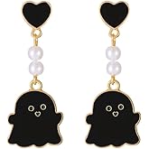 Seakuur Cartoon Ghost Heart Pearl Stud Earrings Cute Playful Colored Drop Oil Ghost Dangle Earrings for Women Party Jewelry