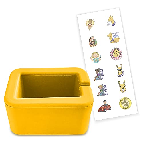 BPA-Free Car Seat Belt Buckle Booster Yellow (Size: Short, Model: Wrap-Around) - Snaps Around Receptacle - Gift Fun Kid Safety Stickers - Raises and Stabilizes Your Receiver (1-Pack)