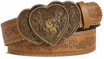 Vintage Western Leather Belt with Rhinestone Ring Buckle, Embossed 1.5\