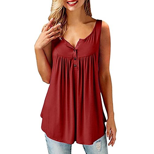 Snowfoller Womens Summer Sleeveless Vest Fashion Solid Color Button Down Tank Tops Casual Swing Flowy Fold Tops (L, Red)