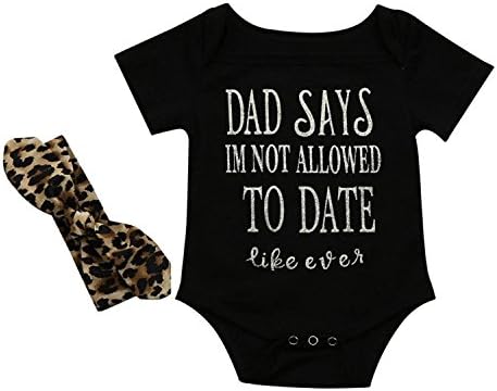 Newborn Baby Girls Mother' Day and Father' Day Outfit Leopard Sets Letter Printed Short Sleeve Romper Tops + Bows Headband (Black2, 90/6-12M)