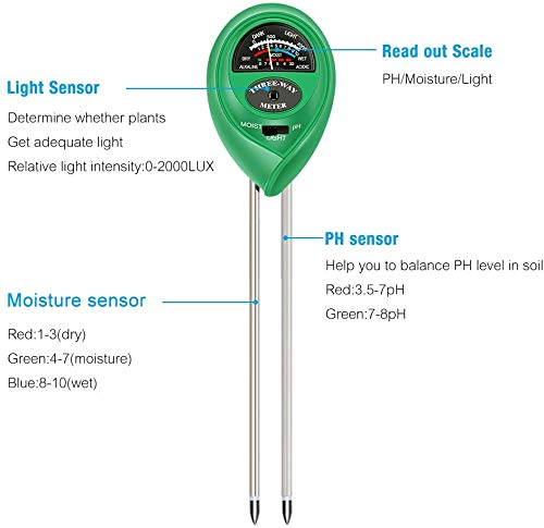 Medidor de humedad del suelo, medidor de PH del suelo 3 en 1 con prueba de humedad, luz y PH para la prueba de PH ácido, humedad y luz solar para la horticultura y la agricultura (Verde)