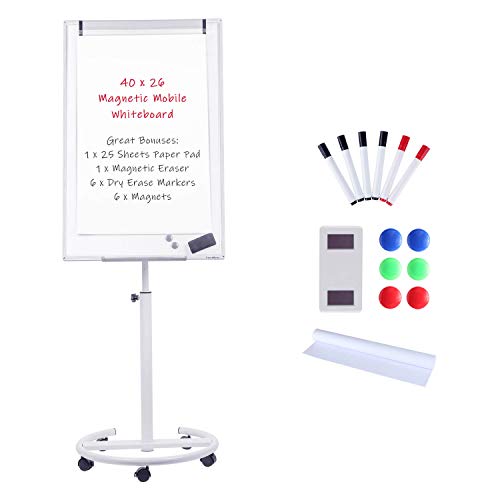 TANKEE Mobile Whiteboard on Wheels - 40'' x 26'' Portable Magnetic Standing White Board, Dry Erase Board with Stand, Flip Chart Easel for Classroom Teachers with Paper Pads
