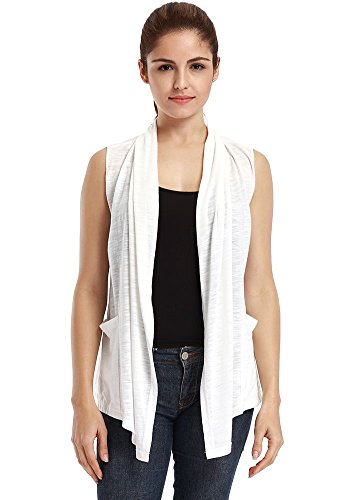 VESSOS Women's Pockets Solid Color Sleeveless Asymetric Hem Open Front Vest Cardigan XL White - Thumbnail 4