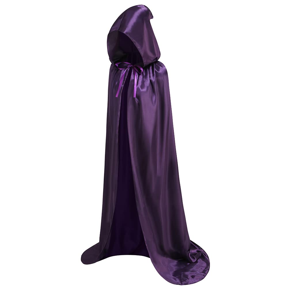 HAPNBCELE Unisex Adults Satin Cape Hooded Cloak, Wizard Fairytale Cosplay Fancy Dress for Halloween Christmas Carnival Party (Dark Purple, 170cm/66.93”)