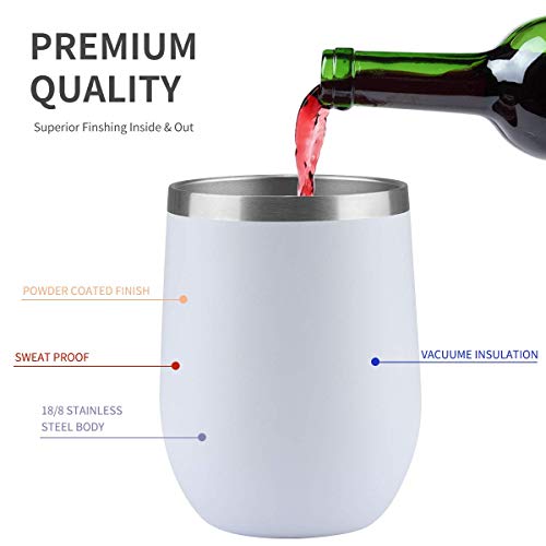 4 Pack 12 oz Stemless Wine Tumbler Glasses/Mug with Lid and Straw, Personalized Stainless Steel Insulated Wine Tumbler by BYkooc, Unbreakable Double Wall Vacuum Cup for Wine, Coffee, White - Thumbnail 3