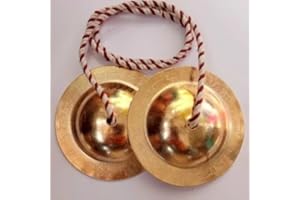 3 Inch Traditional Metal Manjira Manjeera Handtaal Cymbals with Rope Strap for Kirtan, Bhajan Golden Polished Hare Rama Hare 