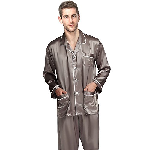 Lonxu Mens Silk Satin Pajamas Set Sleepwear Loungewear Gray L