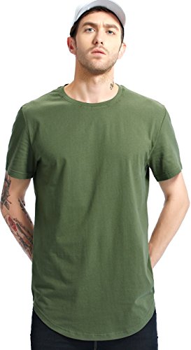 Bertte Mens Hipster Hip Hop Basic Longline Curved Hem Crewneck Short Sleeve T-shirt, Solid Color Army/Military Green, Large