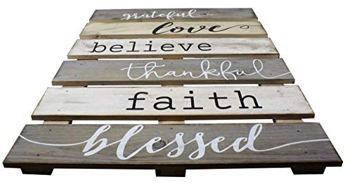Vintage Rustic Wall Home Decor Sign for Kitchen, Living Room, Dining Room, Bedroom or Bathroom - Grateful Love Believe Thankful Faith Blessed Wood Pallet Skid Barnwood Color Decorative Wall Plaque