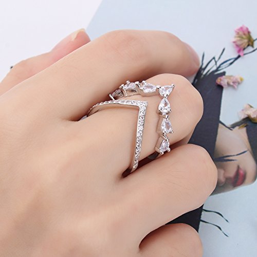 Silver Cubic Zirconia Ring CZ V Ring Open Adjustable Heart Princess Ring for Women