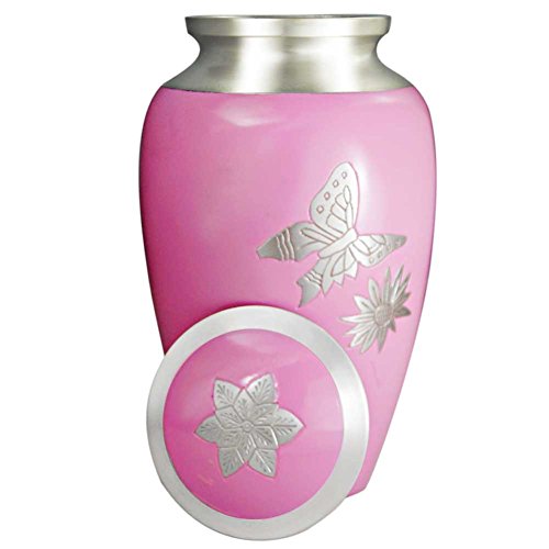 MEILINXU Cremation Urn for Human Ashes Adult Large and Memorial Urn - Hand Made in Brass & Hand Engraved - Extra Large Cremation Urns for Adults Burial (Pink Butterfly, Funeral Urns for Ashes