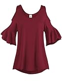 Pleated End Wide Cold Shoulder Tunic Tops, 001-Wine, US 2XL