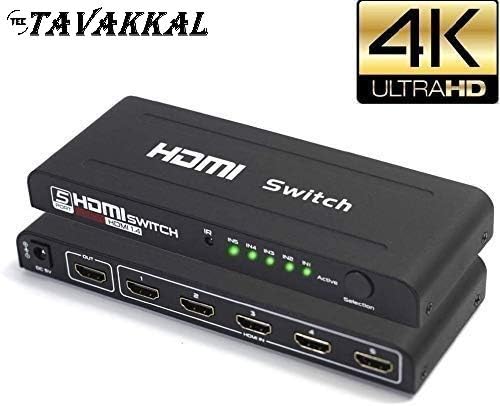 Tec Tavakkal® 5 Port HDMI Switch 4K Ultra HD 3D HDMI Switcher 5 Input 1 Output 5x1 Switch 4K x 2K 1080P with IR Remote Control, Barebones