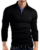 StyleDome Men`s Lapel Stand Collar Tops Long Sleeve Regular Basic Polo Shirts Black L