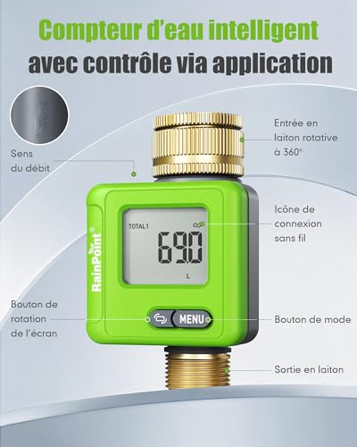 RAINPOINT Bluetooth Smart Water Meter Water Meter with Brass Inputs Tank Monitor for Motorhome Accurate Water Consumption ±5% for Garden and Watering