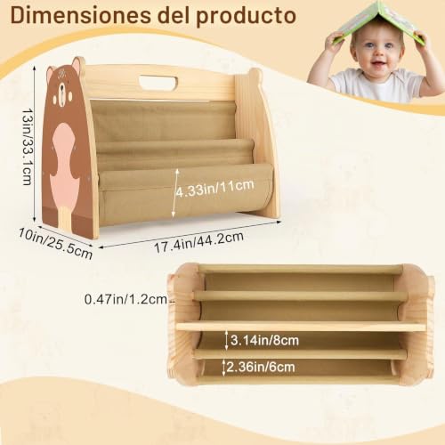 MHJY Children's Wooden Bookcase – Montessori Double-Sided Bookcase with Fabric Pockets, Portable Toy Organizer with Handle, Furniture Storage for Children's Room and Nursery