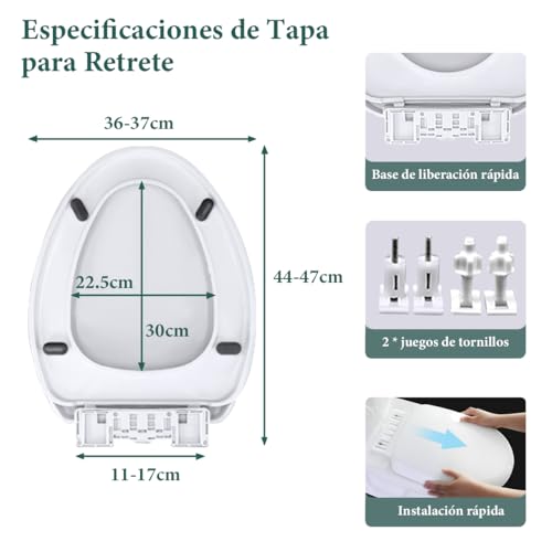 Asiento Elongado para WC Asiento para Inodoro de Cierre Lento y Silencioso Tapa para Retrete Económico Toilet Seat Residencial Tapa de Baño WC Universal Taza de Inodoro Alargado para Sanitario 46*36cm