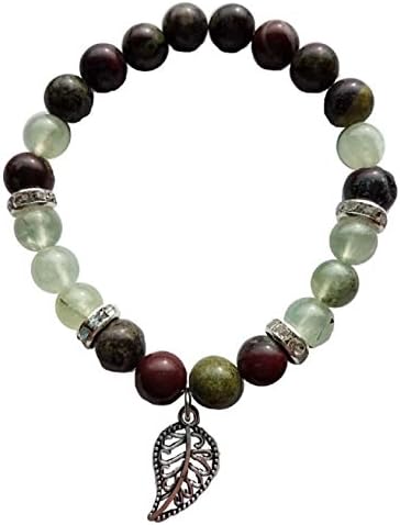 Dragon Bloodstone &amp; Prehnite stretch Bracelet with Leaf charm