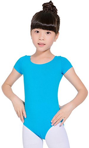 Molldan Girls' Dance Ballet Leotard Short Sleeve Kids Activewear Dress Jumpsuit (6-8Years, Blue)