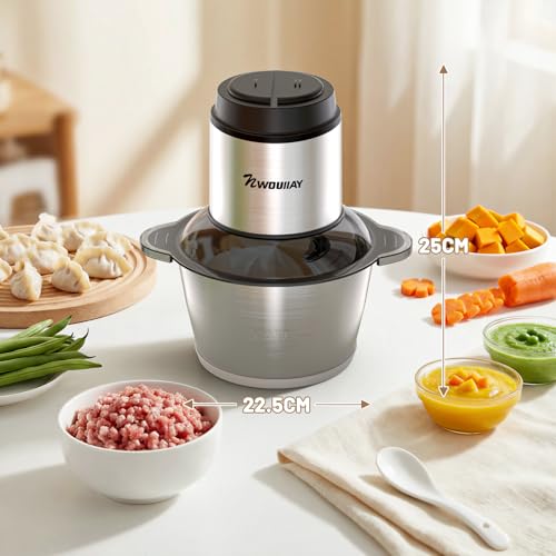 NWOUIIAY Electric Kitchen Chopper 2L 300W, 2 Speed Food Processor with 4 Blades, Multifunction Stainless Steel Bowl Chopper, Electric Chopper for Meat, Vegetables and Fruits