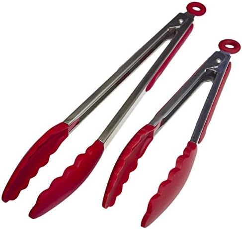 LINLI Stainless Steel Kitchen Tongs Set (9" &amp; 12") with Silicone Tips, Heavy Duty &amp; Heat Resistant Cooking Tongs for BBQ, Salads,Grilling,Serving and Fish Turning - Red