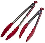 Silicone Tongs, DONGJI Premium quality Silicone Stainless Steel Tongs Silicone Cooking Utensils 2 Pack (9inch & 12inch in Graphite red)