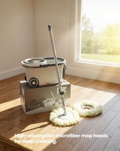 Spin Mop & Bucket Set - 360° Self-Wringing System with Wheels, Stainless Steel Handle - Hands-Free Floor Cleaning for Hardwood, Tile, Laminate - Includes 3 Washable Microfiber Mop Head Refills