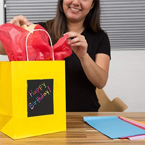 24 Gift Bags with Scratch Paper Panel for Customization 24 Pieces of Tissue Paper! 12 White 12 Yellow Bulk Paper Bags with Handles, Great as Small Gift Bags
