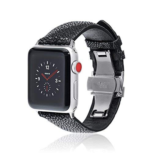 fitjewels for Apple Watch Band 42/44mm - Stingray - Black - Silver Adapter Clasp- Leather iwatch Strap Replacement Band with Butterfly Clasp for Apple Watch Series 4 Series 3 Series 2 Series 1