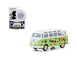 Greenlight 29920-C 1: 64 Club V-Dub Series 7-1964 Volkswagen Samba Bus (with Peace & Love Design), Green/White