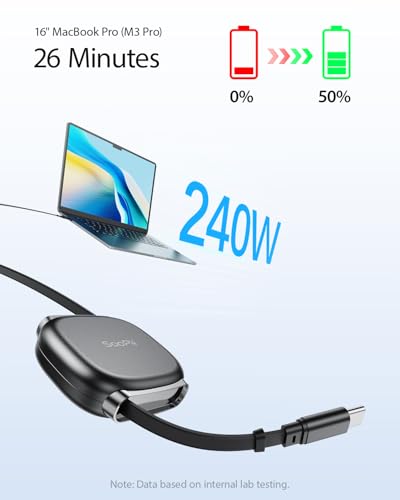 SooPii Retractable USB C to USB C Cable (2Pack 3.3FT), 240W USB C Fast Charging Cord with Mag Snap Storage, 5-Stage Length Preset Type C Cable for iPhone 16/15 Pro Max, Galaxy S25/24
