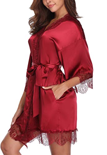 sunshinemall Womens Lace Trim Satin Bathrobe Kimono Nightgown Bridal Robe Burgundy