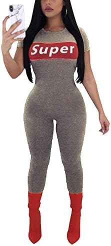 VIEWIM Women's Super Letter Print One Piece Bodycon Clubwear Long Pants Jumpsuits Rompers