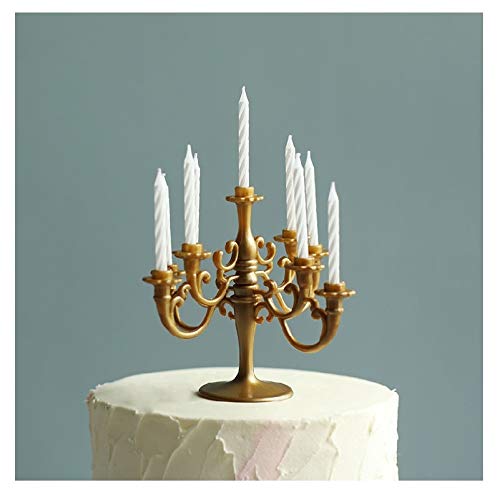 CheeseandU Mini Plastic Candle Holder Stand with 9Pcs Candelabra Taper Beautiful Vintage Candlestick Cake Topper Desk Ornament for Christmas Wedding Event Birthday Party Candelabra Gold Height 14cm