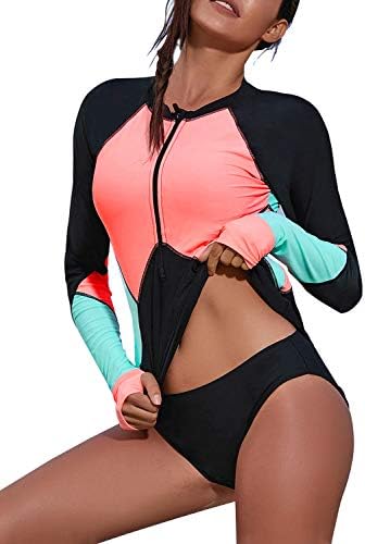 Utyful Women's Long Sleeve Rash Guard Swim Shirt Color Block Tankini Swimsuit Top