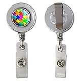 Rainbow Puzzle Pieces - Hearts Autism Retractable Reel Chrome Badge ID Card Holder Clip