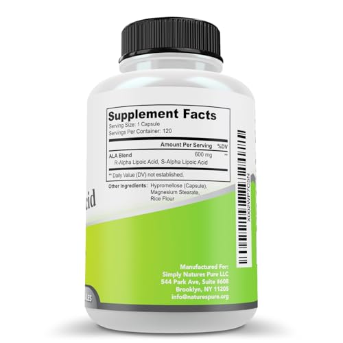 Simply Natures Pure Alpha Lipoic Acid 600mg 120 Veggie Capsules, Non-GMO Thioctic Acid 4 Month Supply