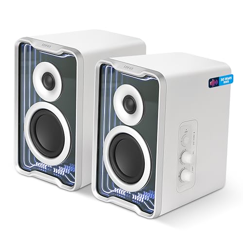 QR30 Aktiver Desktop-Lautsprecher mit Bluetooth V5.4, dynamische Lichteffekte, 30 Watt RMS – Weiß