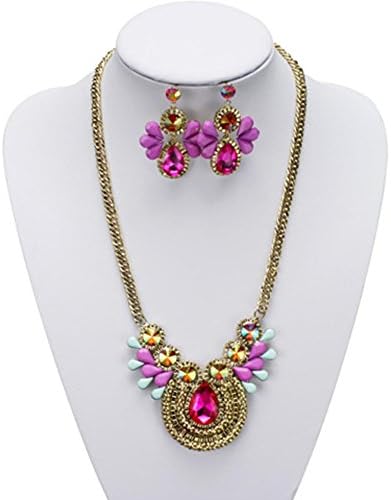 Harlow Couture Fashion Boho Chic Faceted Fuchsia Purple &amp; Rhinestone Bib Pendant Statement Necklace &amp; Earrings