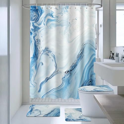 AIBIIN Marble Shower Curtain Sets 4 Piece Abstract Blue Shower Curtain Set with Non-Slip Rugs, Modern Toilet Lid Cover and Bath Mat, Bath Curtain for Bathroom Decor (Hooks Included)