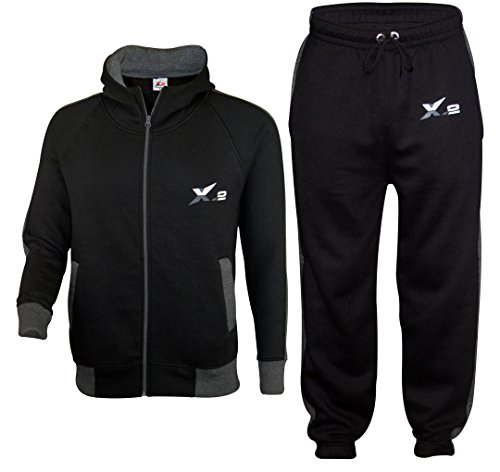 X-2 Mens Athletic Full Zip Fleece Tracksuit Jogging Sweatsuit Activewear Hooded Top Black XXL