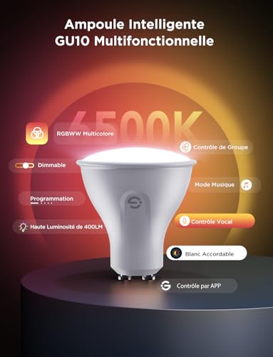 Govee WiFi Smart Bulb, GU10 RGBWW LED Bulb Works with Matter, Alexa and Google Home, 400LM Smart GU10 Lamp, Dimmable, 16 Million Colours, Music Sync, 4 Pack