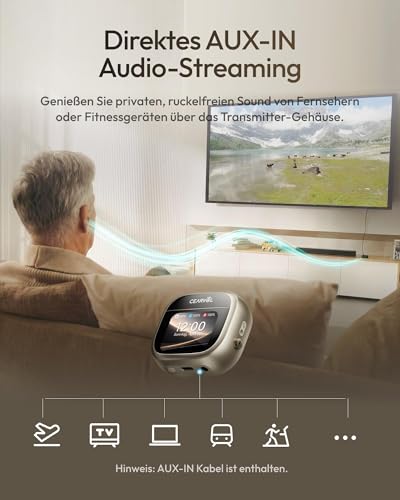 Wave Smart Sound Amplifier with Touchscreen Charging Case, NeuroFlow AI 2.0, Bluetooth Dual Devices Connection, Direct TV AUX-IN Transmitter, Clear Voice Playback