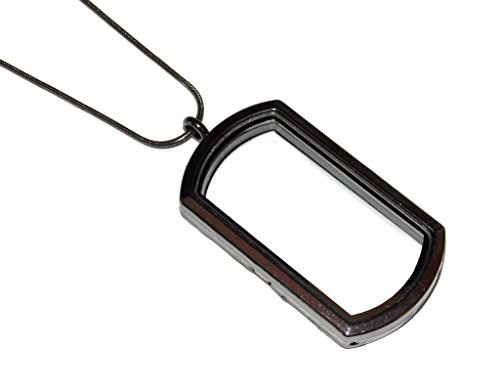 Dog Tag Style Floating Locket Necklace - 24 Inch Matching Snake Chain - Gunmetal Black Military Style Glass Locket - Old School Geekery TM Brand - Fits 6+ Floating Charms Plus Birthstones