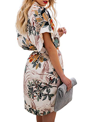 Elapsy Womens Summer Sexy V Neck Flower Pattern Kimono Boho Style Party Shift Dress Multicolor Large